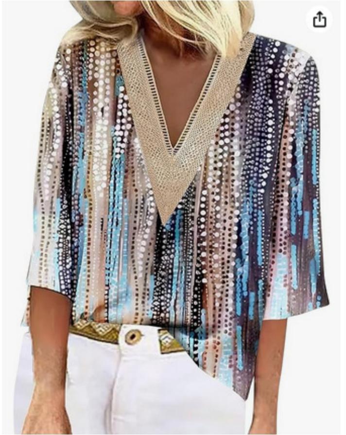 V-neck Lace-trimmed Printed Loose-fit Blouse Top