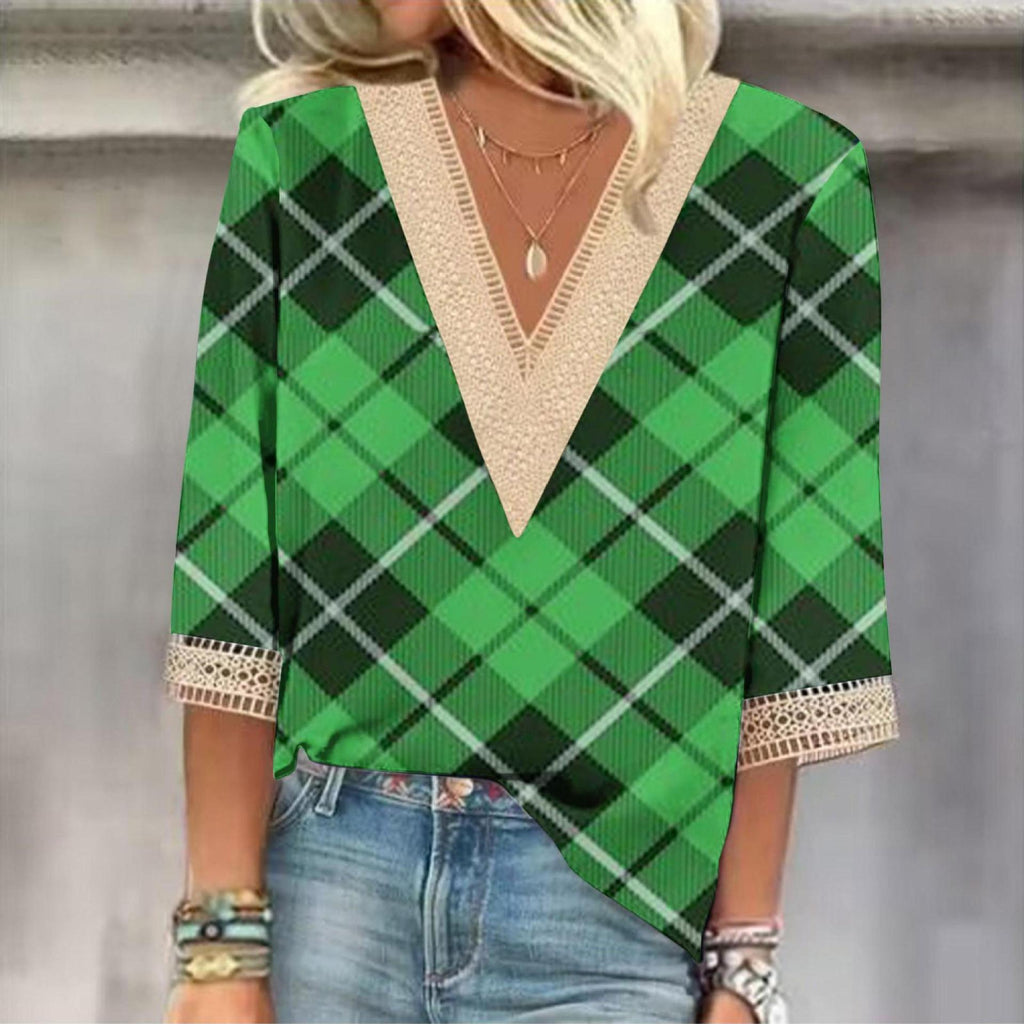 V-neck Lace-trimmed Printed Loose-fit Blouse Top