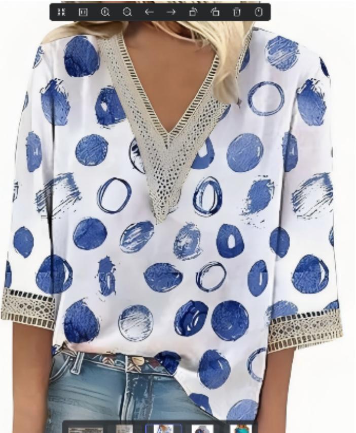 V-neck Lace-trimmed Printed Loose-fit Blouse Top