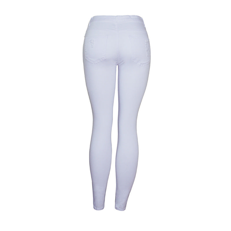 Womens Trendy Slim-fit Solid-color White Ripped Skinny Pants