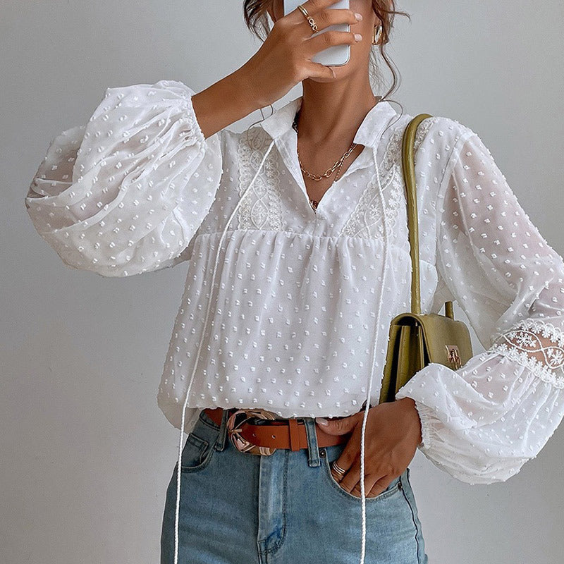 Womens Casual Loose Lace-Patchwork Blouse For Commuting
