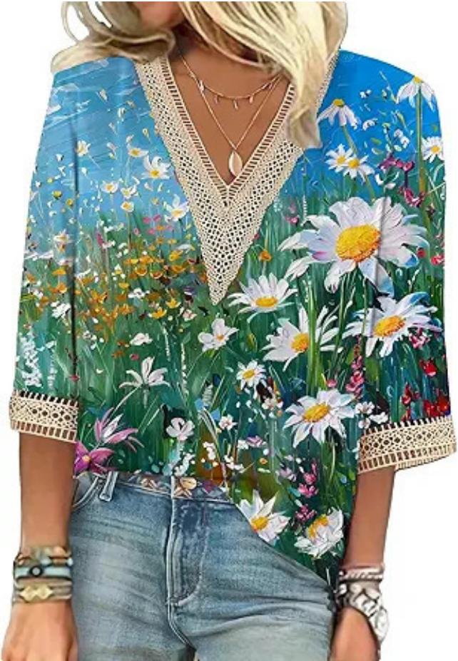 V-neck Lace-trimmed Printed Loose-fit Blouse Top