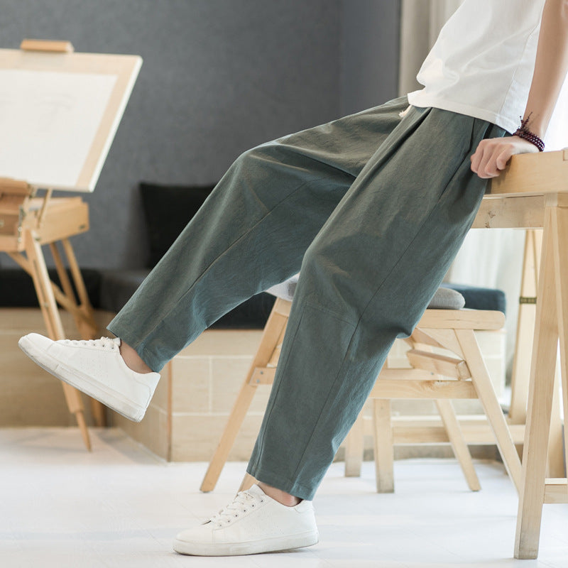 Mens Cotton-linen Relaxed-fit Straight-leg Casual Pants