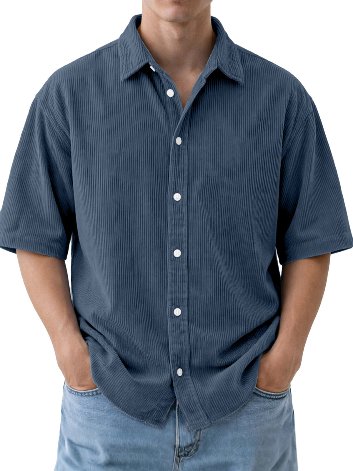 Mens Loose-Fit Solid-Color Corduroy Short-Sleeve Shirt