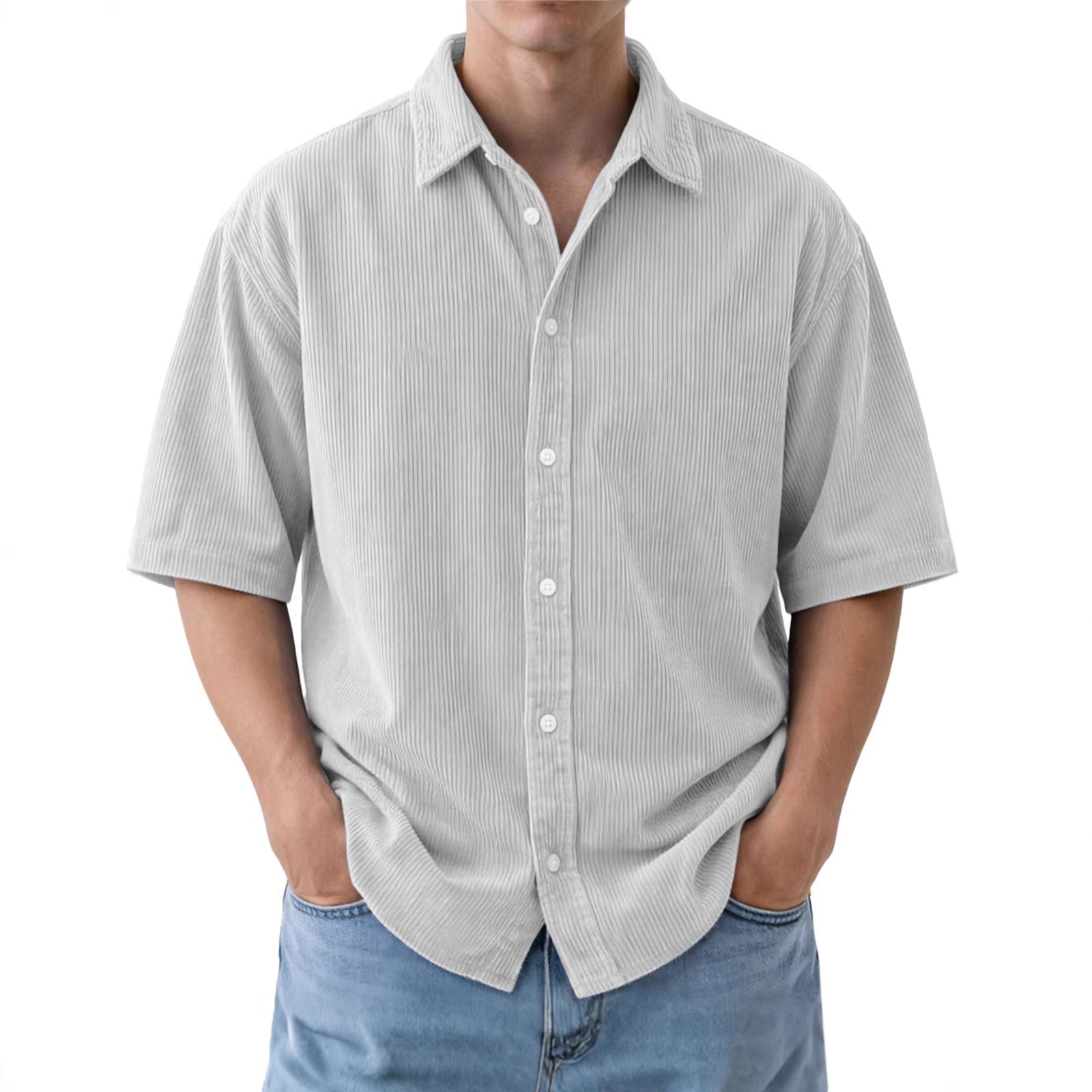 Mens Loose-Fit Solid-Color Corduroy Short-Sleeve Shirt