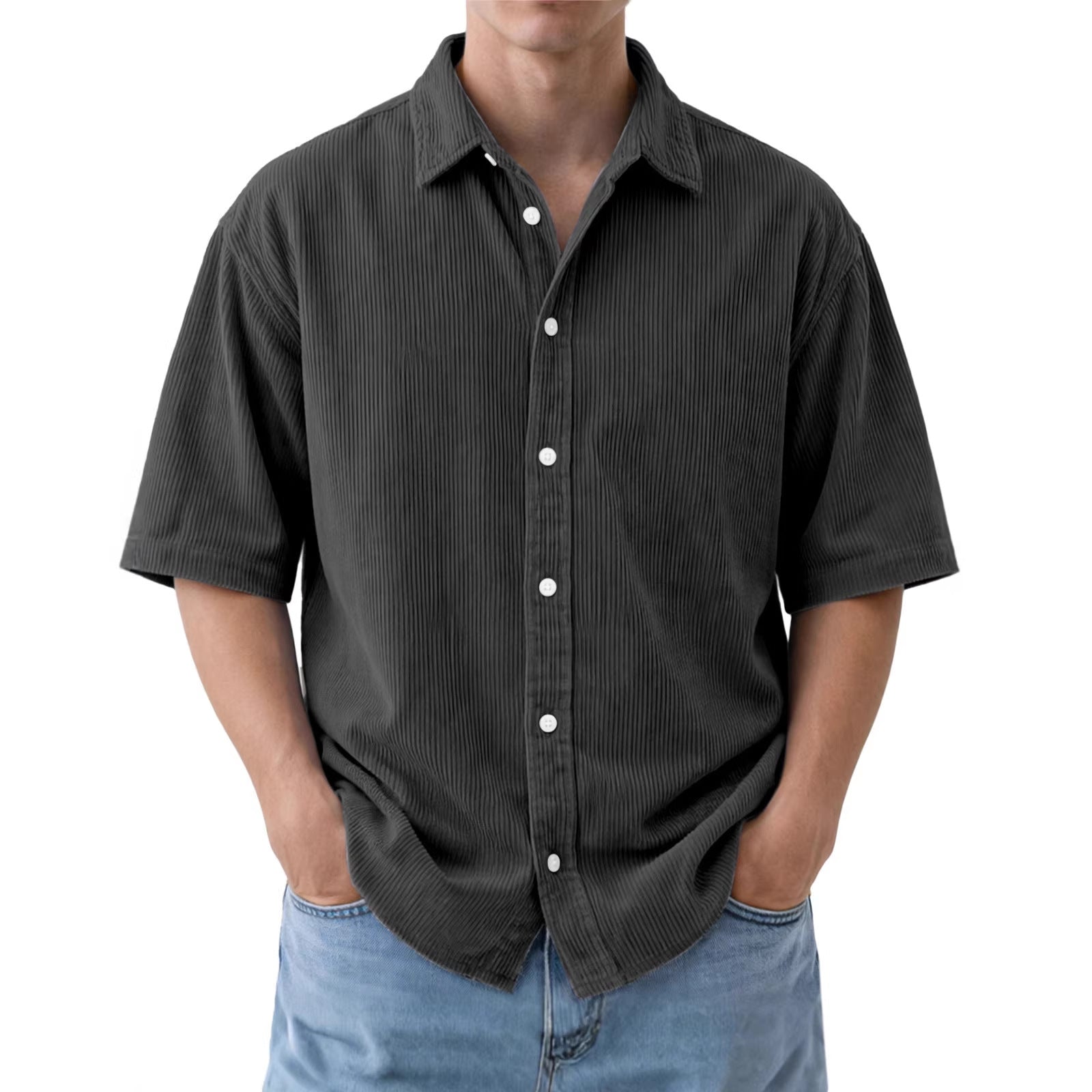 Mens Loose-Fit Solid-Color Corduroy Short-Sleeve Shirt