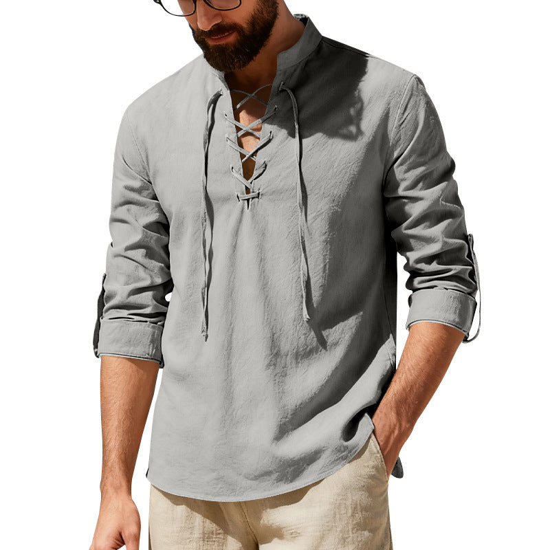 Mens Casual Long-sleeve Linen Henley Shirt