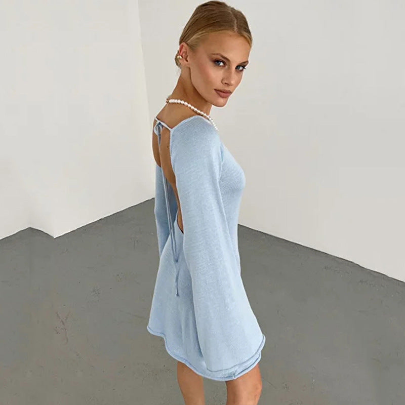 Womens Sexy Loose-fittingBackless Long-sleeve Dress